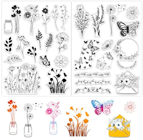 BETESSIN 2 Hojas Sellos Silicona Transparente de Flor/Hojas/Mariposa, Álbum Recorte, Manualidad, Tarjeta Scrapbooking Regalo Diario DIY