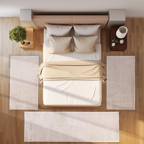 SIMPEX Alfombra de cama, dormitorio, pasillo, borde de cama, alfombra de cocina, pelo corto, juego de 3 piezas, estilo bohemio, diseño moderno, suave, color beige