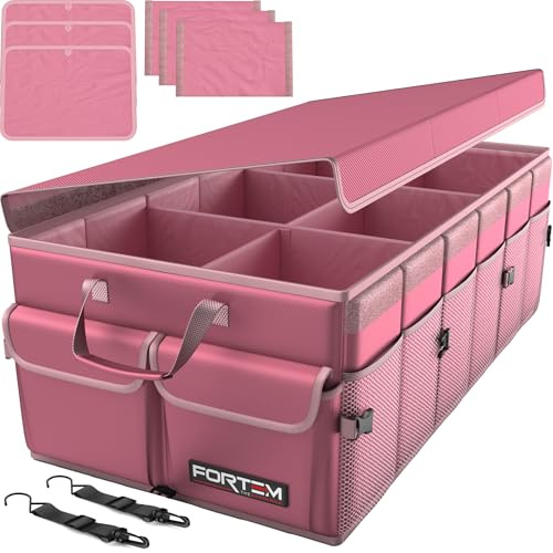 FORTEM Car Boot Organiser - Foldable Car Organiser & Storage for SUV Trucks | Car Accessories for Men Women, Collapsible Bag, Non Slip Bottom, Straps, Soft Cover, 600D Oxford, Pink, 6 Compartments, 85L