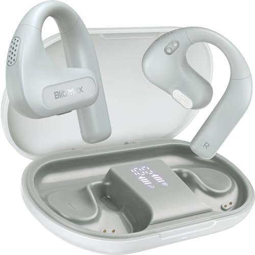 BlitzMax Auriculares de oído abierto, auriculares inalámbricos Bluetooth 5.3, graves mejorados, controladores de 16.2 mm, comodidad duradera, pantalla LED de 60 horas de reproducción, IPX5 impermeable
