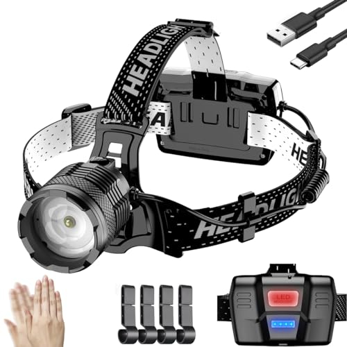 Stirnlampe LED Wiederaufladbar, Superhelle 90000 Lumen Kopflampe Stirnlampe mit Sensor, 9000mAh Usb-C Aufladbar Stirnlampe LED 3 Lichtmodi, IP65 Wasserdicht Einstellbar für Camping, Angeln, Notfälle
