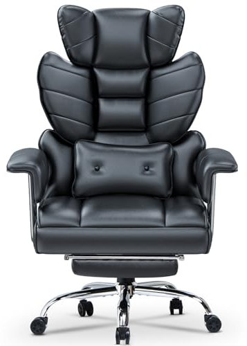 Racingreat Ergonomischer Bürostuhl mit ausziehbarer Fußstütze, Höhenverstellbarer Schreibtischstuhl, Große weiche Rückenlehne, Individuelle Lendenwirbelstütze, Chefsessel aus PU-Leder,Schwarz
