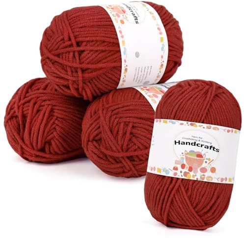 Aeelike 200g(4x50g) Wolle zum Stricken aus Acryl, 5Ply Acrylic Baumwolle zum Häkeln, Cotton Yarn Wolle Bunt Set für Anfänger, Erfahrene Stricker, Rostrot