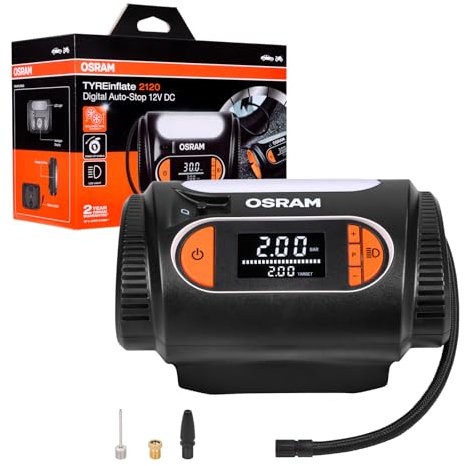 OSRAM TYREinflate 2120, pantalla digital grande, función de parada automática programable, cable de alimentación enrollable con enchufe de 12 V CC con fusible, inflado de neumáticos en 3,5 minutos