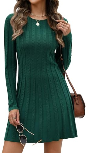 Hotouch Robe en tricot femme élégante, pullover en tricot, robe à manches longues, pullover, col rond, robe d'hiver, sweat-shirt, robe A-ligne, robe mi-longue de cocktail, vert foncé, S