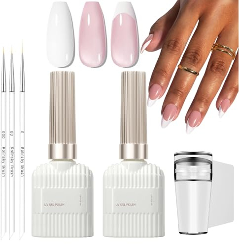Pink French Manicure Kit - Jelly Pink White Gel Nail Polish Set - Jelly Gel Kit for French Tip Manicure with 3Pcs Nail Art Pen and Nail Stamper - Long Lasting UV for Home DIY Salon