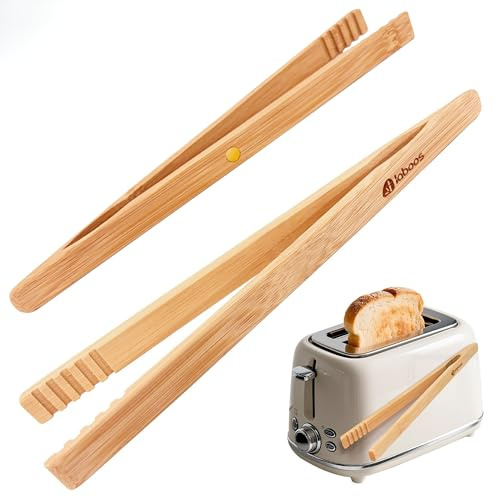 Magnetic Bamboo Toaster Tongs (Set of 2), 10.2-Inch Extra-Long Kitchen Tongs with Rebound-Construct & Anti-Slip Grip, Ideal for Cooking, BBQ, Serving - by LABOOS