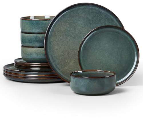 Homikit 12 Piece Dinner Set, Reactive Glaze Kitchen Dinnerware Sets for 4, Elegant Stoneware Included Plates and Bowls, Non-Scratch & Sturdy, Dishwasher & Microwave Safe, Blackish Green