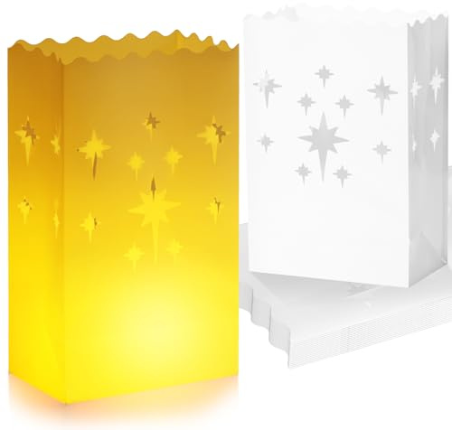 BlissfulTie White Luminary Bags - 30 Pcs Plastic Christmas Luminaries for Outdoors, Reusable & Waterproof, Luminaria Bags (No Candles) for Wedding, Birthday, Halloween, Thanksgiving