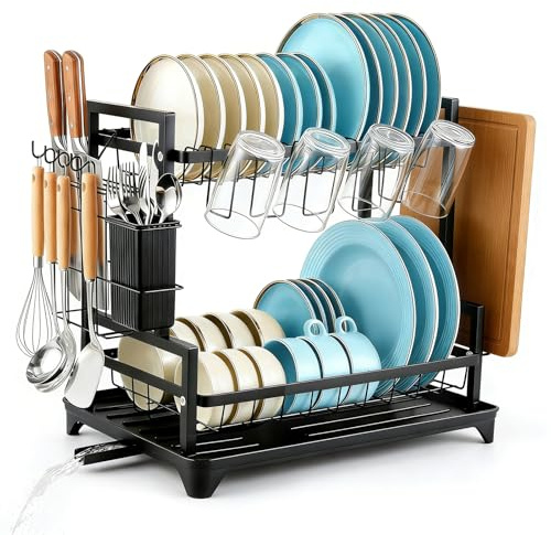 Toyzy Escurridor de vajilla, escurreplatos de 2 Niveles, escurridor de Platos para encimera de Cocina, escurreplatos Acero Inoxidable,escurreplatos sobre Fregadero,con Salida giratoria de 360 Grados