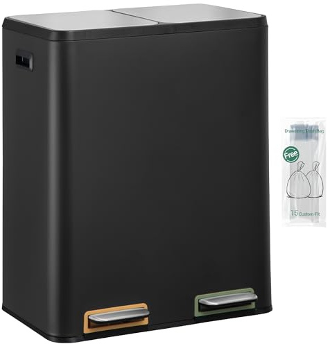 zuaneri SW23099B - Cubo de basura para cocina, sistema de separación de residuos con 2 compartimentos, 60 l (2 x 30 L), acero inoxidable, con pedales codificables por colores, cubo de basura