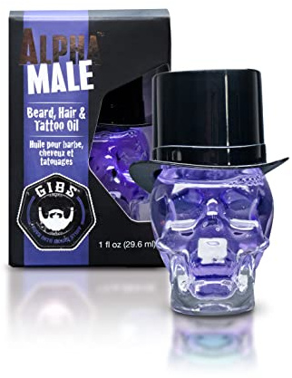 GIBS Grooming - Alpha Male Beard, Hair & Tattoo Oil (1 fl oz) Collectible Glass Skull Bottle - Softens & Strengthens - Skin Moisturizer - Vitamin C - UV Shield - Travel Size - Beard Oil - Made in USA
