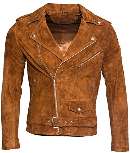 Infinity Leather Veste de Motard Classique en Cuir Suédé Bronzer Foncé