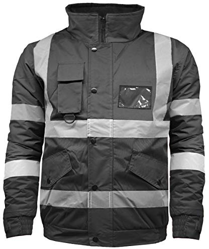 High Visibility Safety Security Reflective Protective Waterproof Workwear Bomber Jacket Fluorescent (XL, Black)