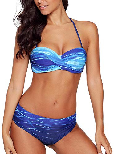 Tuopuda Costume da Bagno Donna Bandeau Bikini Set Push Up Imbottito Costumi Mare Due Pezzi Brasiliana Bikini Gradient Color Spiaggia Sexy Top Triangolo Reggiseno con Slip Vita Bassa, Oceano Blu, 42