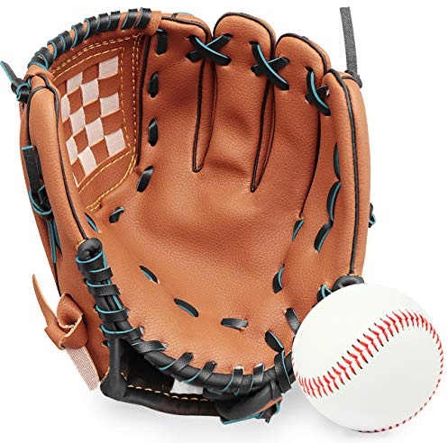 GROOFOO Baseball Glove and Ball for Kids/Youth/Adults Softball Teeball Training, Left Hand Glove with Soft Ball Set, 10.5 Brown
