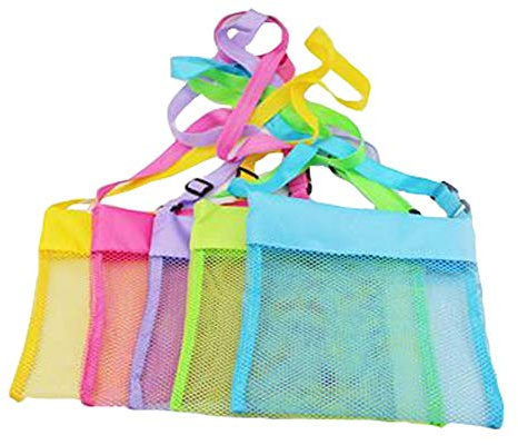 IMEIKONST 5-Pack Beach Mesh Bags for Children Toys Balls Shells Colorful | with Adjustable Carrying Straps, Bags for Boys Girls Beach, for Child Swim Pool Travel Wet Towels, Outdoor Beach Vacations