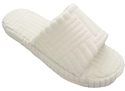 ERLINGO Pantoufles en tissu éponge pour femme - Bout ouvert - Bas épais - En coton texturé - Pour l'intérieur et l'extérieur, blanc, 36.5 EU