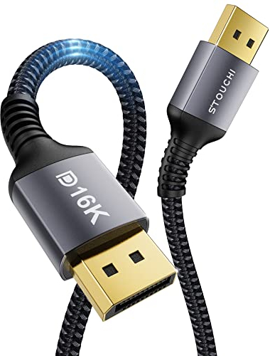 Stouchi DisplayPort Kabel 2.1 2M/6.6Ft DP2.1/2.0 Kabel [16K@60Hz,10K@60Hz, 8K@120Hz,4K@240Hz 165Hz 144Hz] Unterstützt 80Gbps HDR DSC1.2a FreeSync G-Sync Display Port 2.1 Kabel für Gaming Monitor
