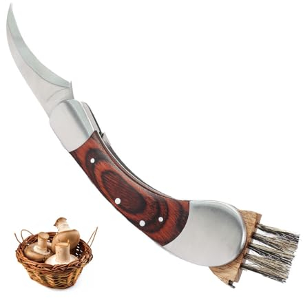 Dönges Couteau à champignons avec brosse, pliable, avec sac - Cadeau pour cueillir les champignons en plein air - Couteau éponge de qualité supérieure en acier inoxydable et bois de pakka