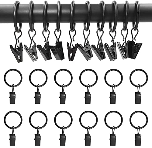 25 Stück Gardinenringe mit Clips, 38mm Metall Vorhangringe Vorhangklammer Gardinenhaken Aufhänger-Clip Vorhang Clips für Fenster Tür Duschvorhänge(Schwarz)