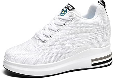 JAOOUU Damen Sneaker Wedges mit Keilabsatz Freizeitschuhe Atmungsaktiv Turnschuhe Sportschuhe Laufschuhe Running Fitness Mode Bequeme Schuhe Weiß 39EU