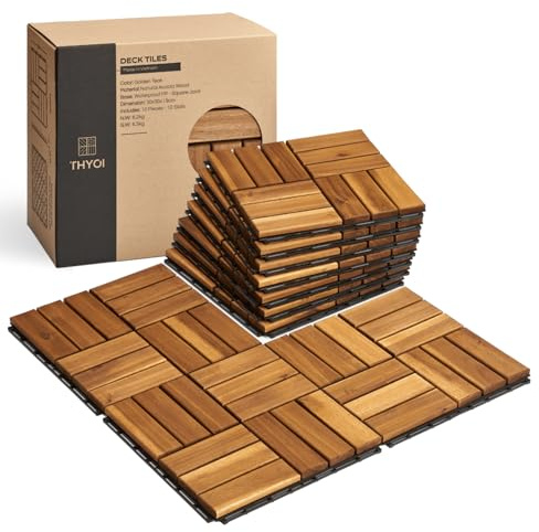 THYOI Premium Deck Tiles, Patio Flooring - Outdoor Waterproof Acacia Wood Tiles for All Weather Use - Balcony, Backyard, Indoor & Outdoor (Square Ft - 10, Golden Teak, 12S)