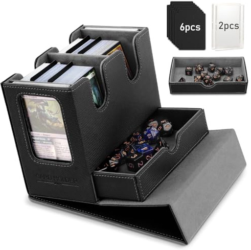 TiMOVO Caja Deck Commander MTG para Cartas TCG CCG Magic, Negro + Gris | Exhibidor Commander & Bandeja Para Dados, Cabe 400+ Cartas Sin Fundas, Estuche Magnético De Piel, 6 Separadores
