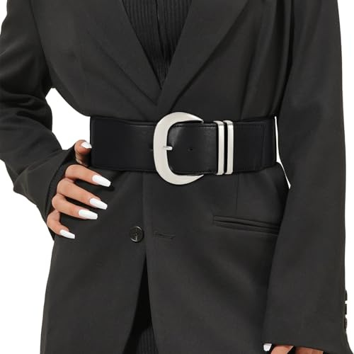 JASGOOD Women Wide Elastic Waist Belt for Dresses Fashion Ladies Stretchy Leather Waistband with Gold Buckle, Black(silver), Fits Waist Size 33-38