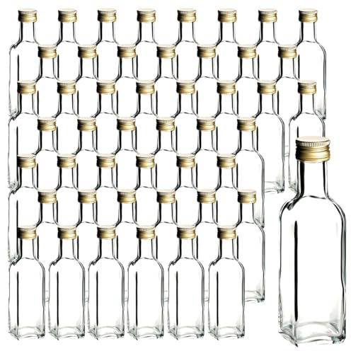 gouveo Set da 48 bottiglie in vetro Maraska (0,10 l) con tappo a vite oro PP 24 quadrate trasparenti per liquore sciroppo olio aceto e campionature (MFET100G)