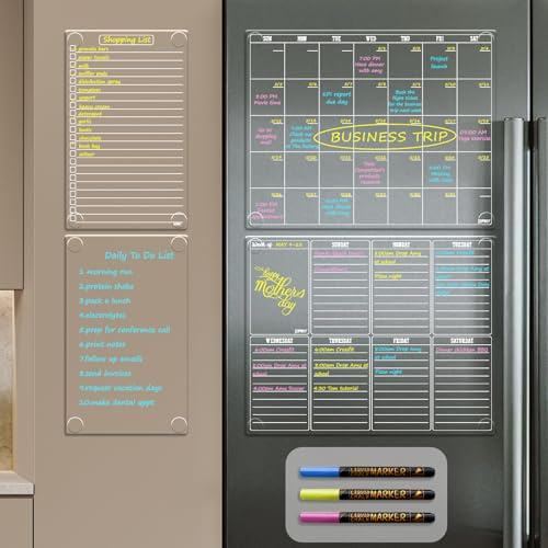 JJPRO Non Magnetic Dry Erase Calendar for Fridge-Reusable Monthly&Weekly Planning Board, List and Blank Board for All Smooth Surfaces. Clear Reusable Board Sticks to Fridge,Wall,Door&Glass