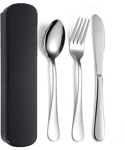 JIEYUCHU Cubiertos Camping, 3PCS Cubiertos Camping de Acero Inoxidable, con Cuchara, Tenedor y Cuchillo, Resistente a la Oxidación para Llevar al Trabajo, Viaje, Acampadas (Negro)