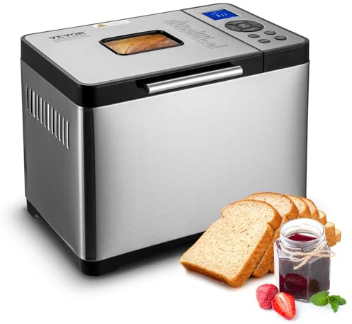 VEVOR Bread Maker, 19-in-1 2LB Dough Machine, Nonstick Ceramic Pan Automatic Breadmaker with Gluten Free Setting, Whole Wheat Bread Making, Digital, Programmable, 3 Loaf Sizes, 3 Crust Colors
