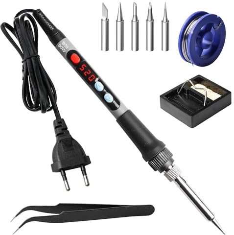 Set per saldatore, 90 W, con temperatura regolabile, 180 – 520 °C, set di saldatura, regolabile e interruttore on/off, 5 punte di saldatura, supporto per saldatura, pinzetta, set di saldatura per