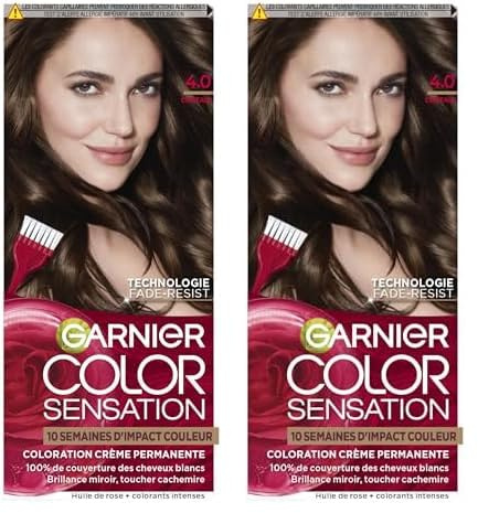 Garnier Color Sensation Coloration, Châtain 4.0, Coloration Crème Permanente, Tous Types de Cheveux, Couleur jusqu'à 10 Semaines & Couvre les Cheveux Blancs 100% (Lot de 2)