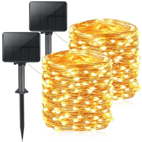 PORFOYO Lot De 2 Guirlande Solaire Exterieur 20M 200 LED Guirlande Lumineuse Solaire D'extérieur Solaire Guirlande De Lumière Solaire En Sisal Étanche Led Lumineuse Pour Jardin, Balcon, Terrasse