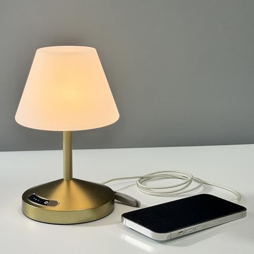 OUTON Lámpara de Mesa Sin Cables Recargable 13-120h - Función Powerbank (Entrada USB-C/Salida USB-A), 3 Tonos Ajustables con Indicador de Carga - para Interior, Exterior, Salón, Terraza - Dorado