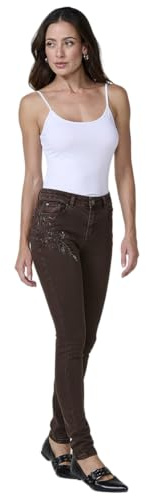 Koroshi Pantalón Jeans Slim Push Up Mujer con Bordado Brillante, Color Marron/Brown, Talla 36