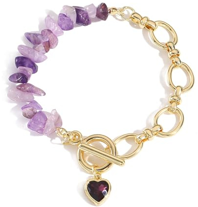 HETICA Purple Crystal Toggle Bracelet for Women Heart Charm Gold Chunk Link Bracelet Jewelry Gift