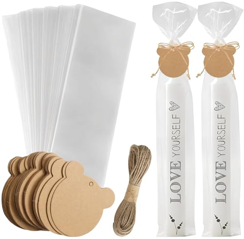 100 sacchetti di cellophane trasparenti con 50 etichette in carta kraft e filo di iuta da 10 m, sacchetti di cellophane per caramelle, cioccolatini, candele, biscotti, matrimoni, Natale, confezioni