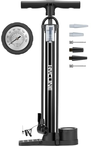 Hycline Bike Pump with Gauge: 160 PSI Bicycle Floor Pump - High Pressure Air Pumps with Schrader & Presta Valve for Road MTB Tires, Balls, Inflatables