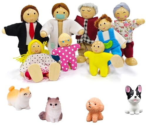 Ruikdly Muñecas de madera para casa de muñecas - Juego de 13 unidades de familia de madera con gato y perro, figuras de muñecas flexionadas para accesorios de regalo