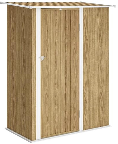 Outsunny Casetta da Giardino 1.07m² in Acciaio Zincato, Capanno Porta Attrezzi con Porta Bloccabile, Tetto Inclinato, 142x86x189 cm, Color Legno