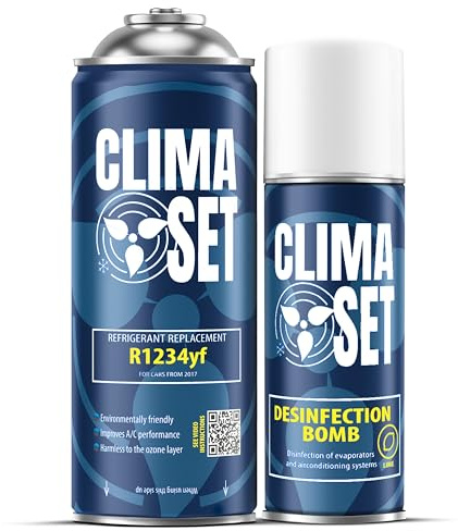 ClimaSet – R-1234yf köldmedium & luftkonditioneringsrengöringsmedel bil – Luftkonditionering Självpåfyllningsset – Påfyllningsset, Bilklimat Påfyllning – 170 g