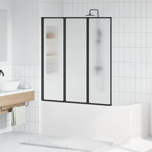 LoogCape Duschvägg svart 132 x 2 x 140 cm aluminium PP vikdörr med gummitätning för badrum, platsbesparande nischdörr, lätt att montera, vattenavvisande, hållbar glasvägg, inomhus