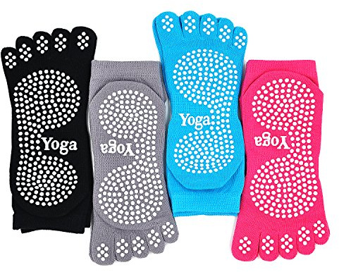 PUTUO Mujer Calcetines Pilates Yoga Antideslizantes, Mujer Cinco Calcetines de lis Dedos para Pilates Yoga Danza Gimnasion Deportes Artes Marciales, mezcla, 4 pares, mezcla