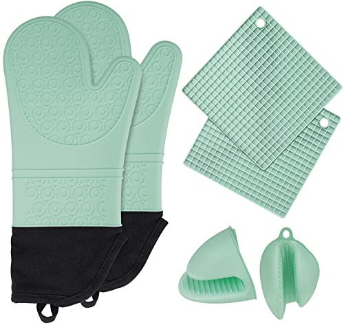 6in1 Heat Resistant Silicone Oven Gloves+ Pinch Grip Pot Holders+Trivet Set, Non-slip Textured Waterproof Kitchen Mitts w/Soft Inner Lining & XL Hand-safe Sleeve for Baking Cooking Grilling Barbecue