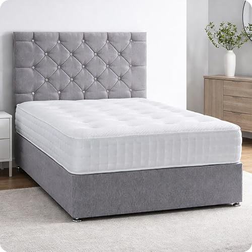 Comfy Deluxe LTD Chesterfield Divan Bed Set - 4FT6 Double, Silver | Chenille Bed Frame with 26 Inch Headboard | Memory Spring Mattress Included | No Storage | Made in UK