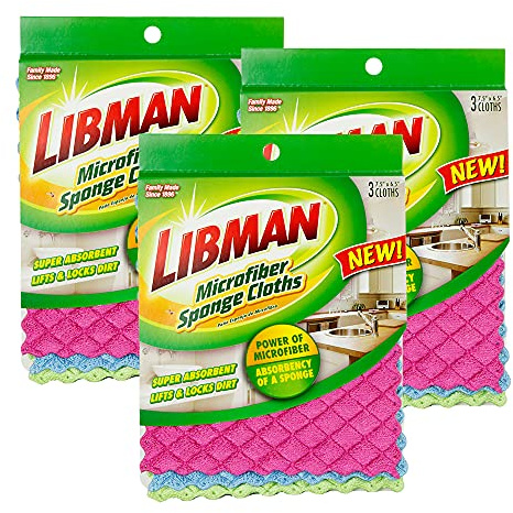 Libman 1482 Microfiber Sponge Cloths – Combines The Best of a Sponge and Dish Cloth, Includes 3 Packs of 3 Sponge Cloths (9 Total Sponge Cloths), Pink, Blue and Green