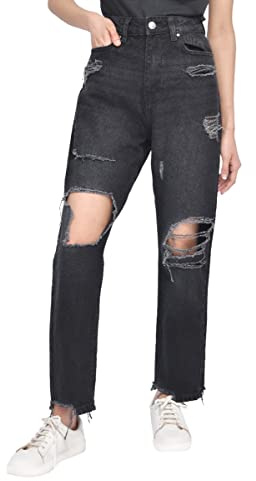 M17 Womens Ladies Denim Torn Hem Rip Mom Jeans High Waisted Classic Casual Cotton Trouser Pants with Pockets (14, Black)